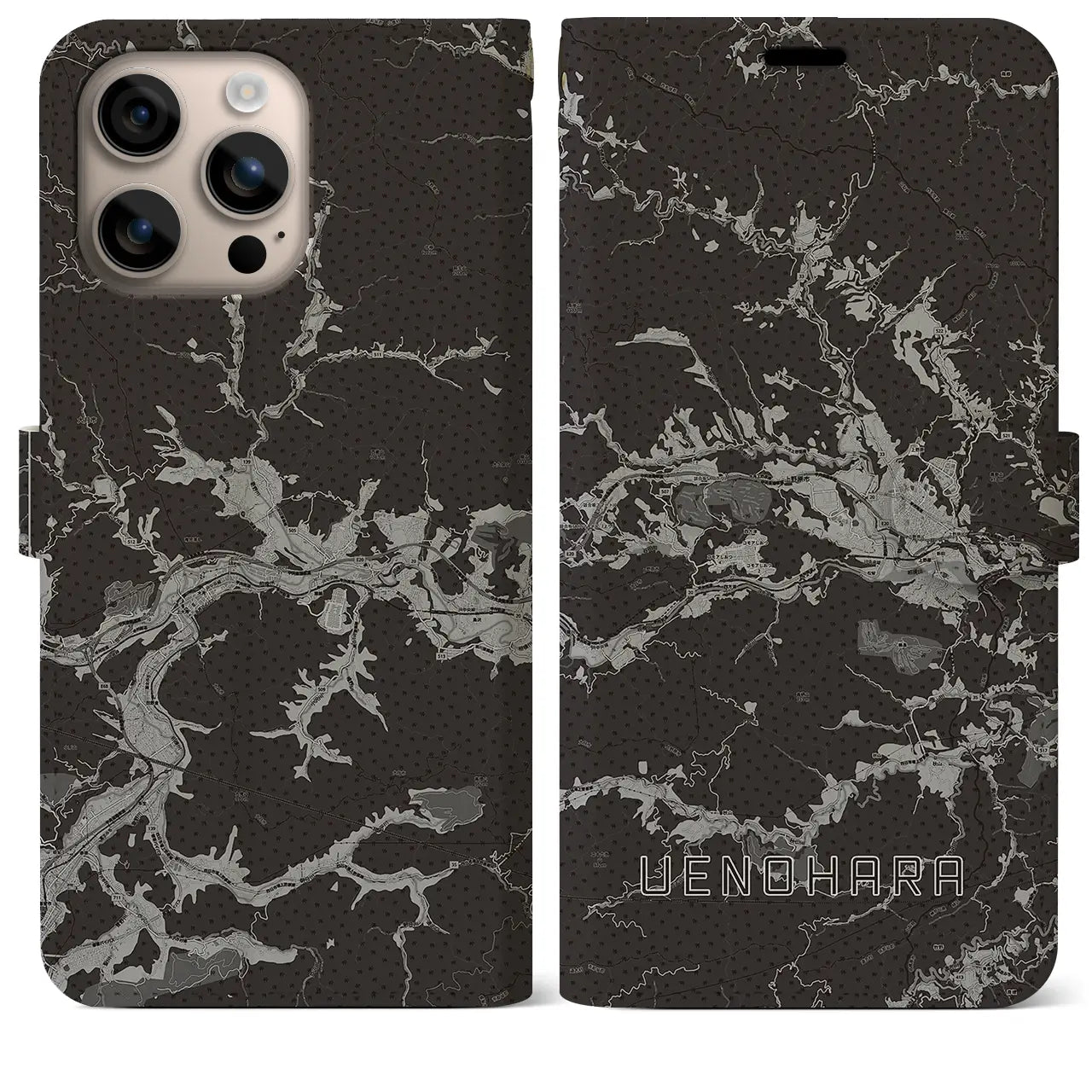 【上野原(山梨県)】地図柄iPhoneケース(手帳タイプ)モノトーン・iPhone 16 Plus 用