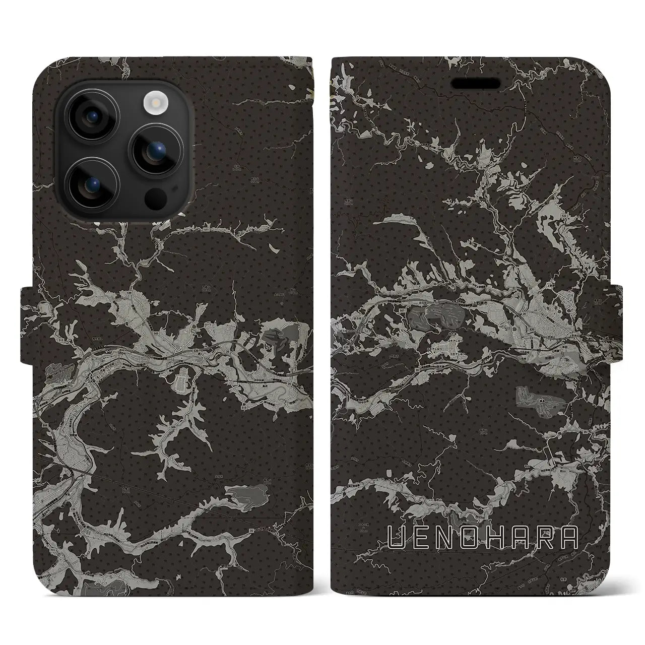 【上野原(山梨県)】地図柄iPhoneケース(手帳タイプ)モノトーン・iPhone 16 用