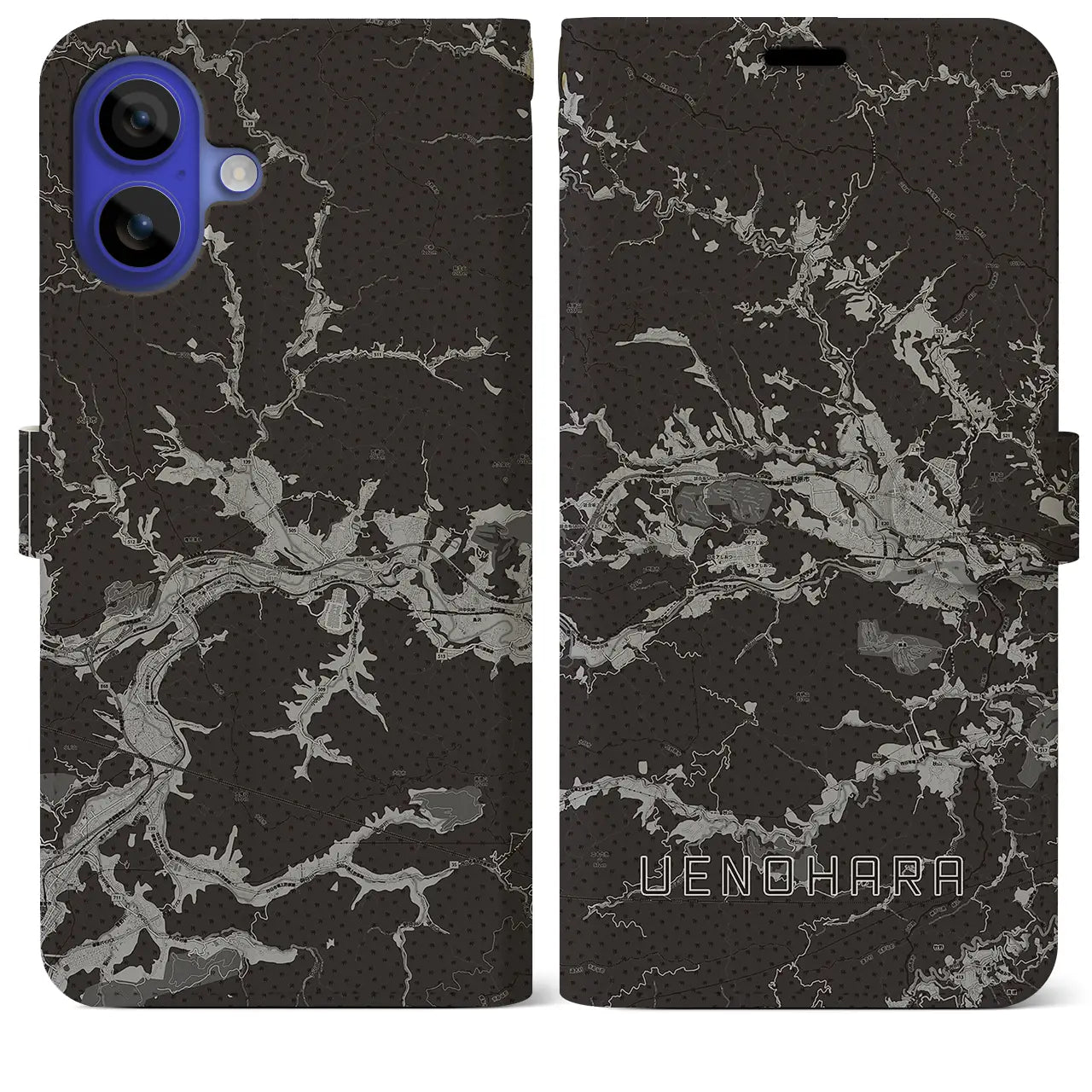 【上野原(山梨県)】地図柄iPhoneケース(手帳タイプ)モノトーン・iPhone 16 Pro Max 用