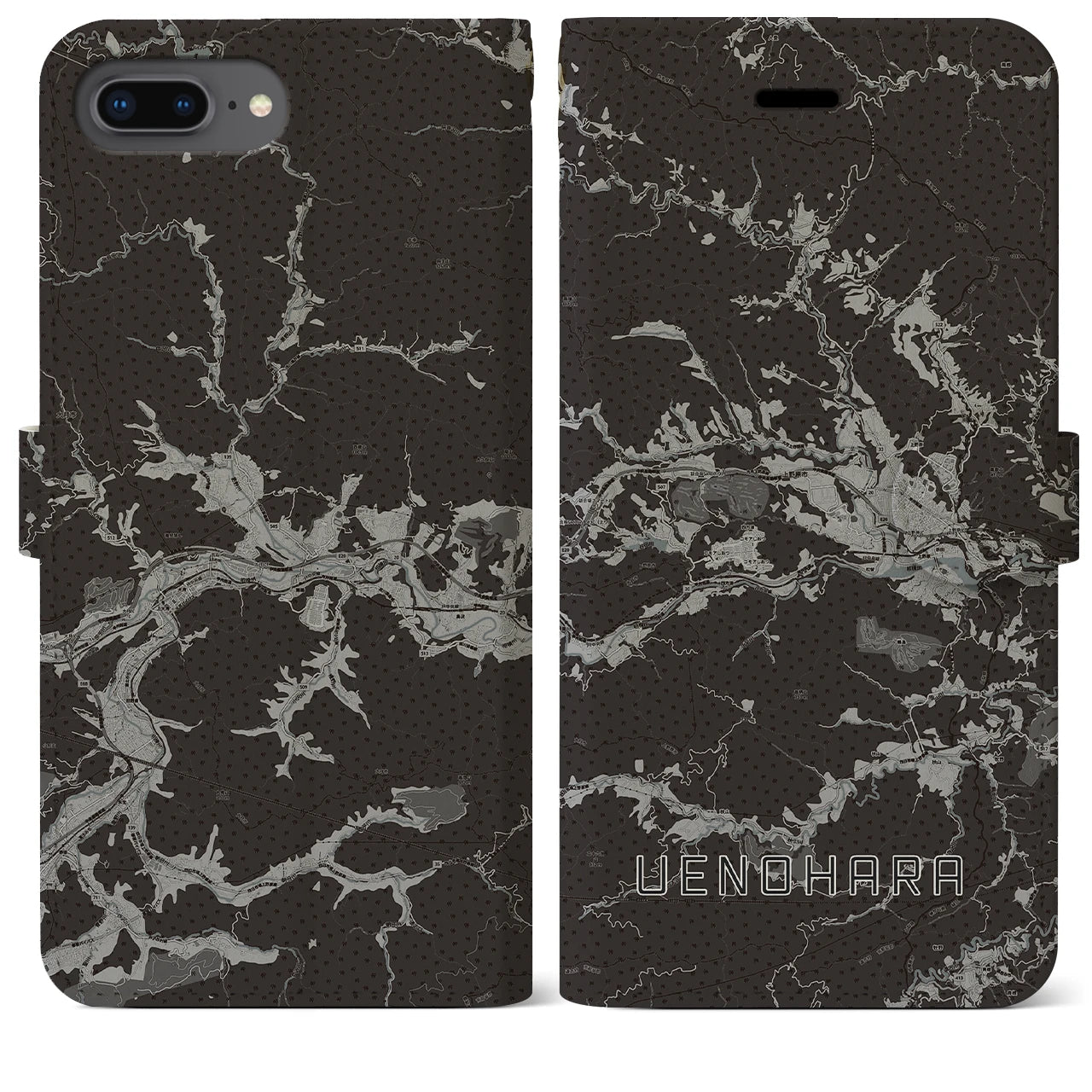 【上野原(山梨県)】地図柄iPhoneケース(手帳タイプ)モノトーン・iPhone 8Plus /7Plus / 6sPlus / 6Plus 用