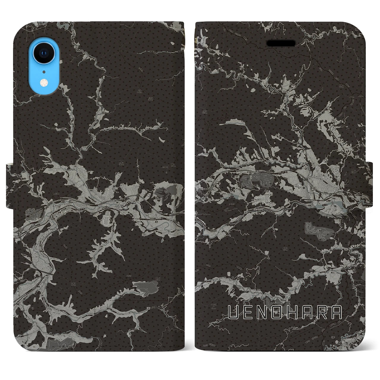 【上野原(山梨県)】地図柄iPhoneケース(手帳タイプ)モノトーン・iPhone XR 用