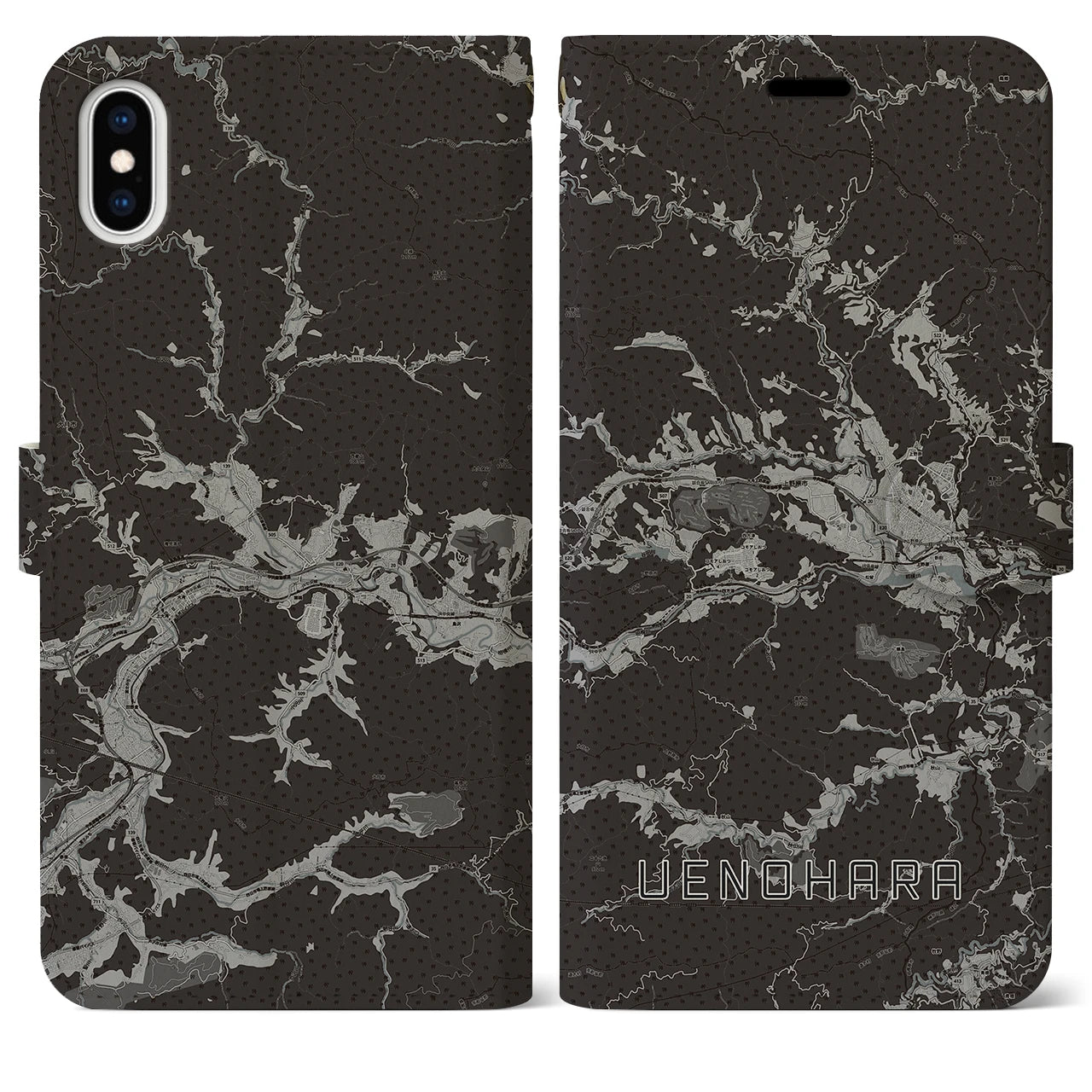 【上野原(山梨県)】地図柄iPhoneケース(手帳タイプ)モノトーン・iPhone XS Max 用