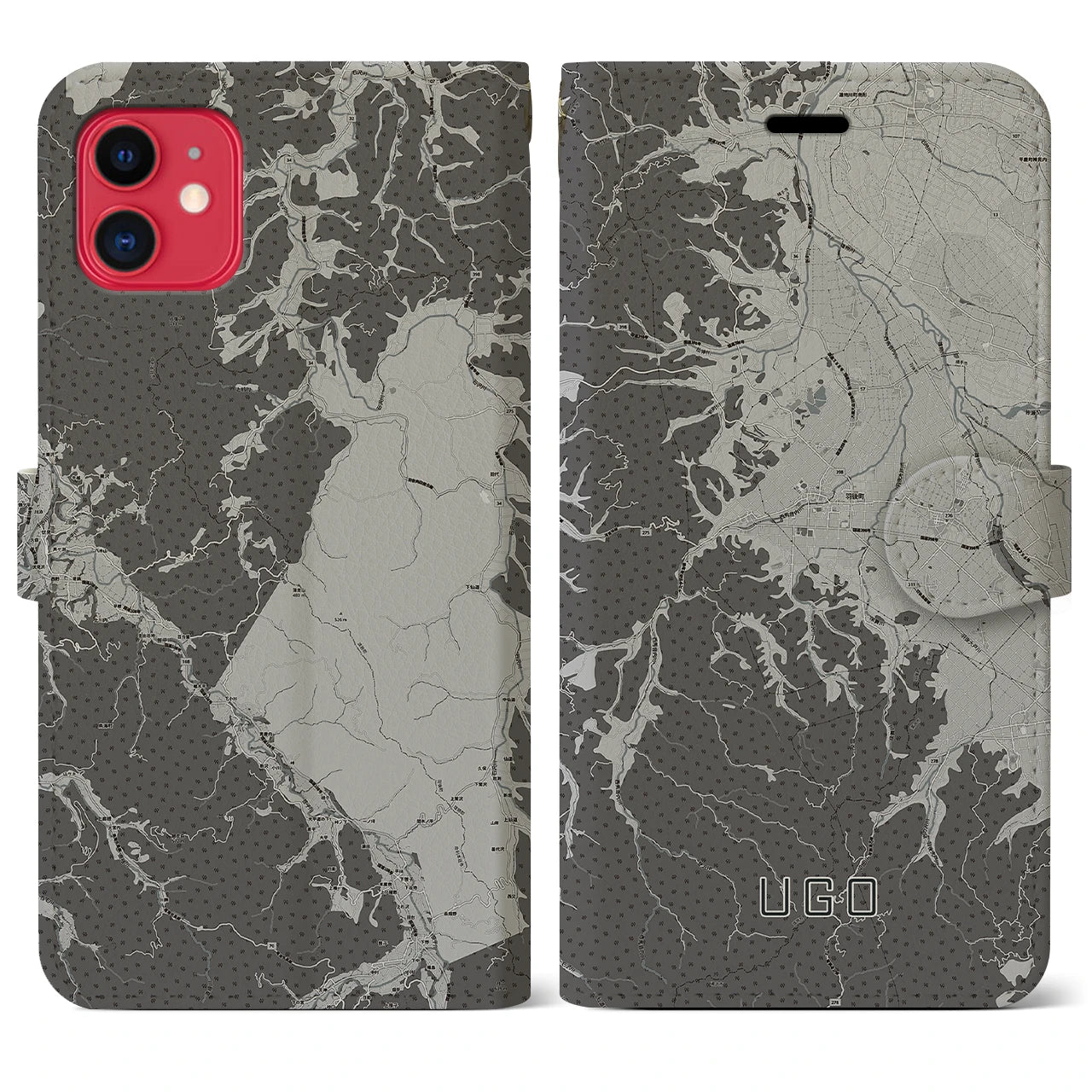 【羽後(秋田県)】地図柄iPhoneケース(手帳タイプ)モノトーン・iPhone 11 用