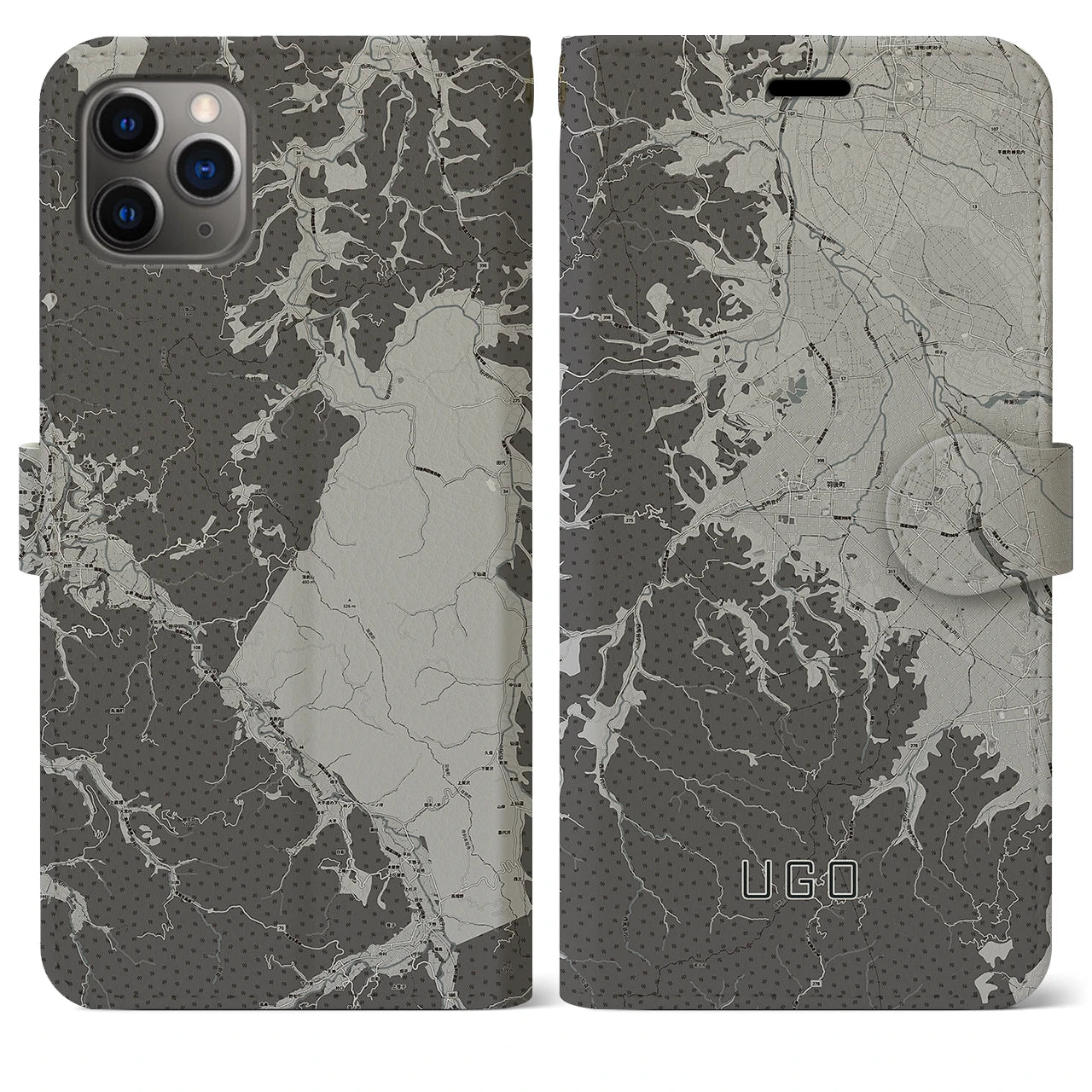 【羽後(秋田県)】地図柄iPhoneケース(手帳タイプ)モノトーン・iPhone 11 Pro Max 用