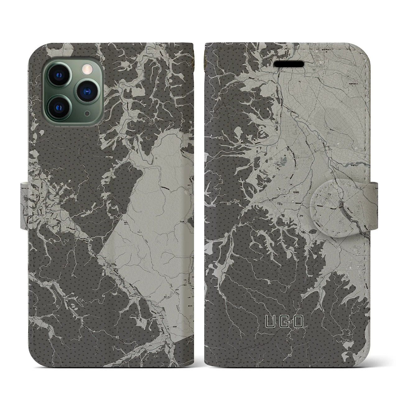 【羽後(秋田県)】地図柄iPhoneケース(手帳タイプ)モノトーン・iPhone 11 Pro 用