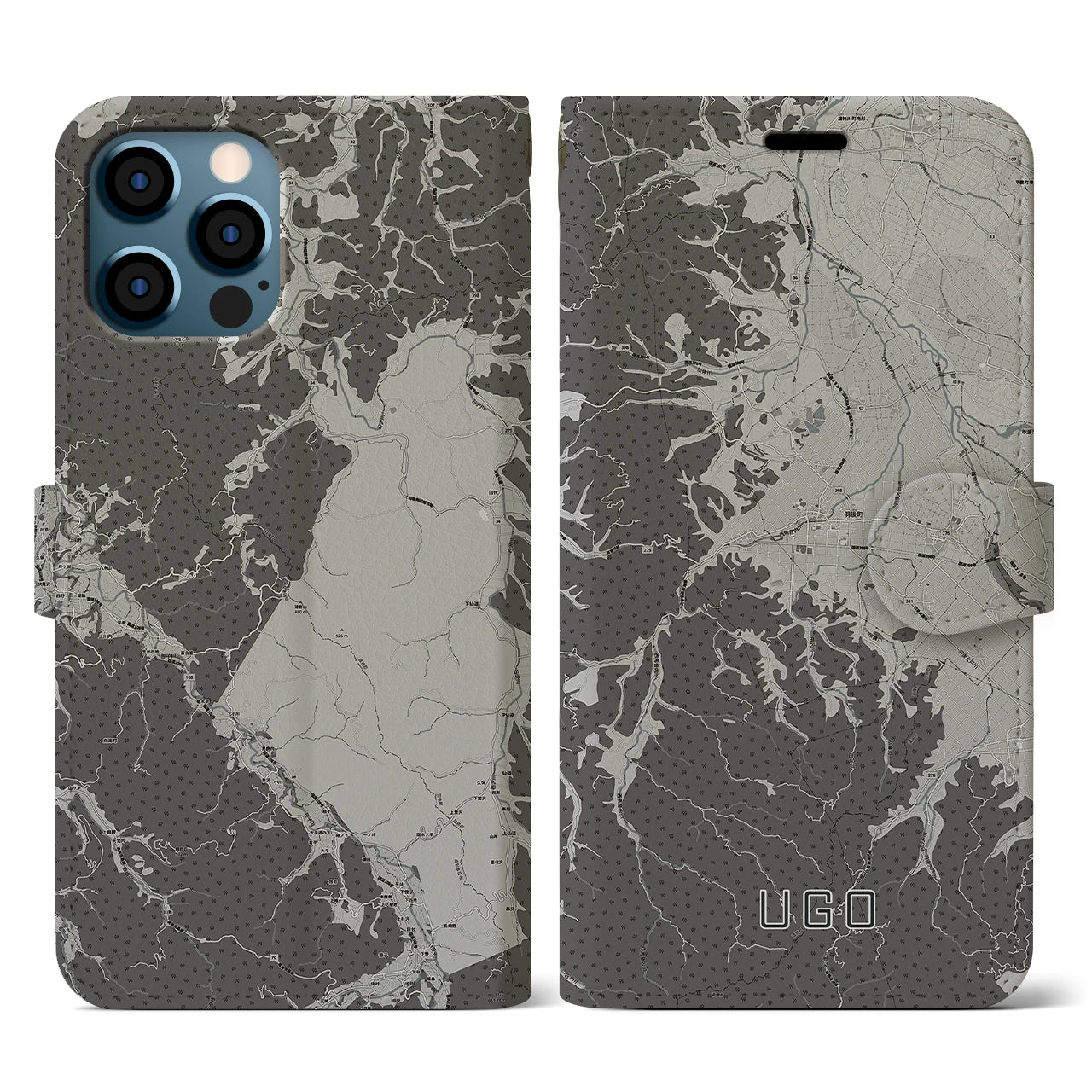 【羽後(秋田県)】地図柄iPhoneケース(手帳タイプ)モノトーン・iPhone 12 / 12 Pro 用