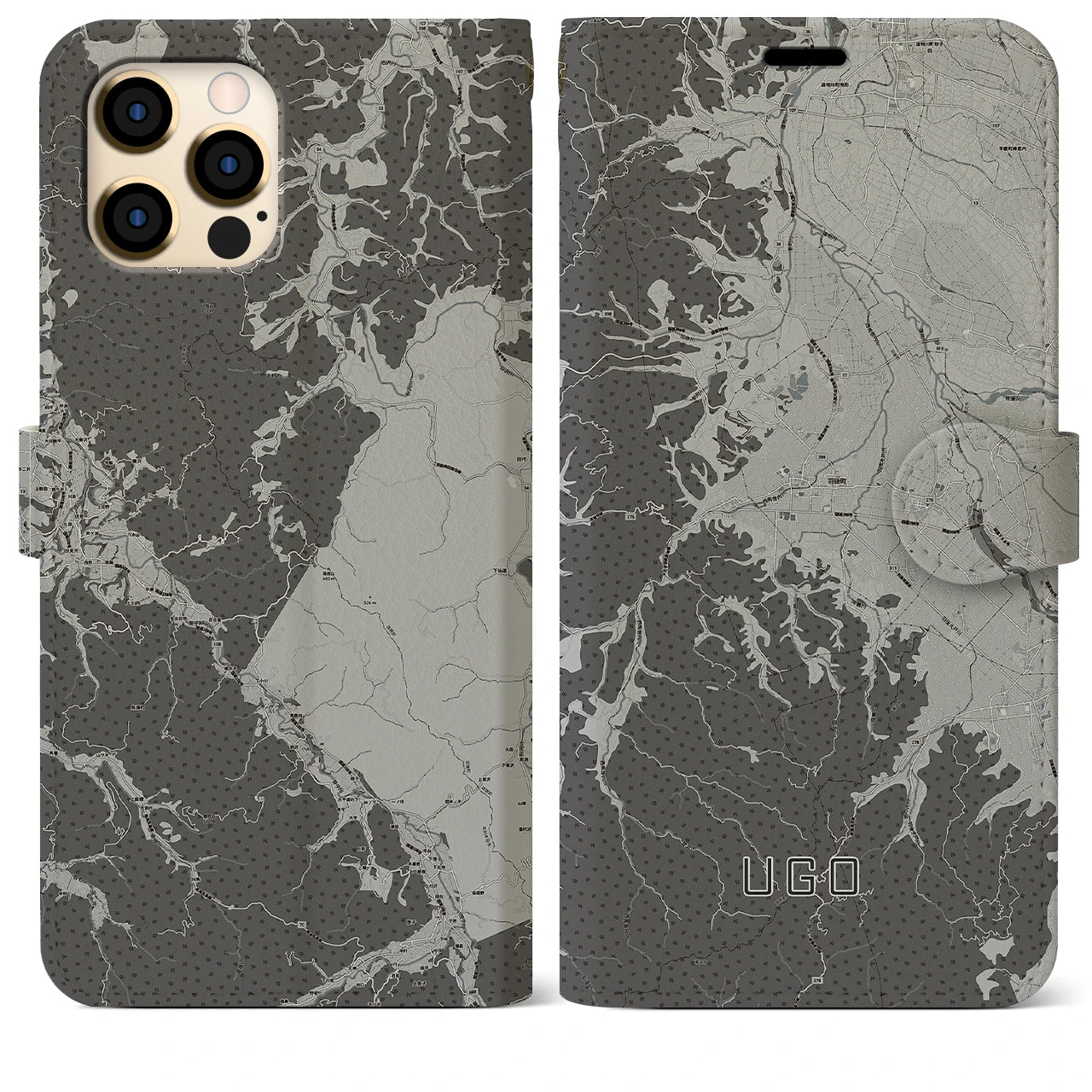 【羽後(秋田県)】地図柄iPhoneケース(手帳タイプ)モノトーン・iPhone 12 Pro Max 用