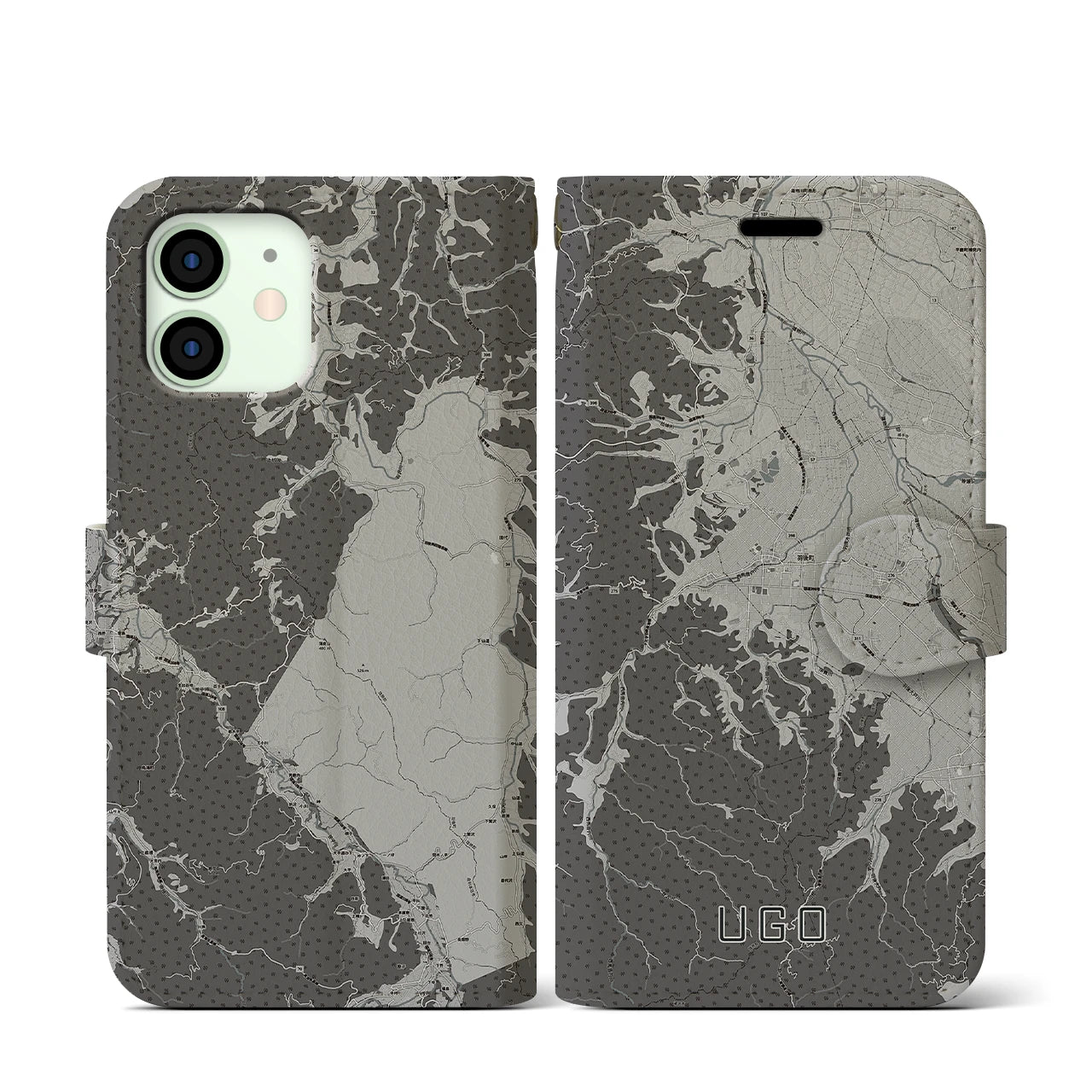 【羽後(秋田県)】地図柄iPhoneケース(手帳タイプ)モノトーン・iPhone 12 mini 用