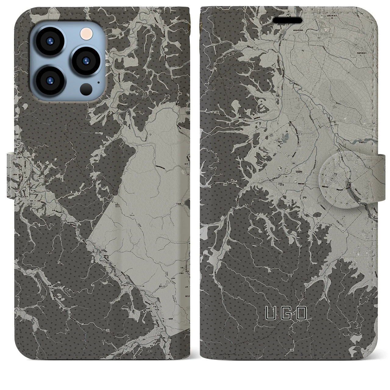 【羽後(秋田県)】地図柄iPhoneケース(手帳タイプ)モノトーン・iPhone 13 Pro Max 用