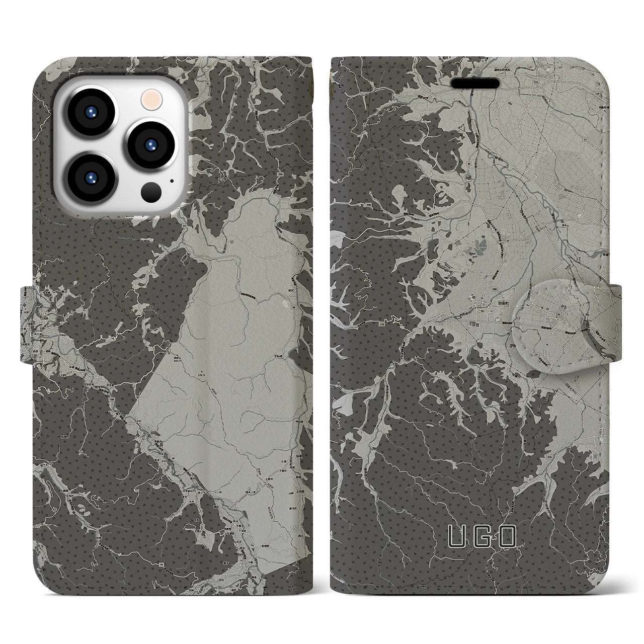 【羽後(秋田県)】地図柄iPhoneケース(手帳タイプ)モノトーン・iPhone 13 Pro 用