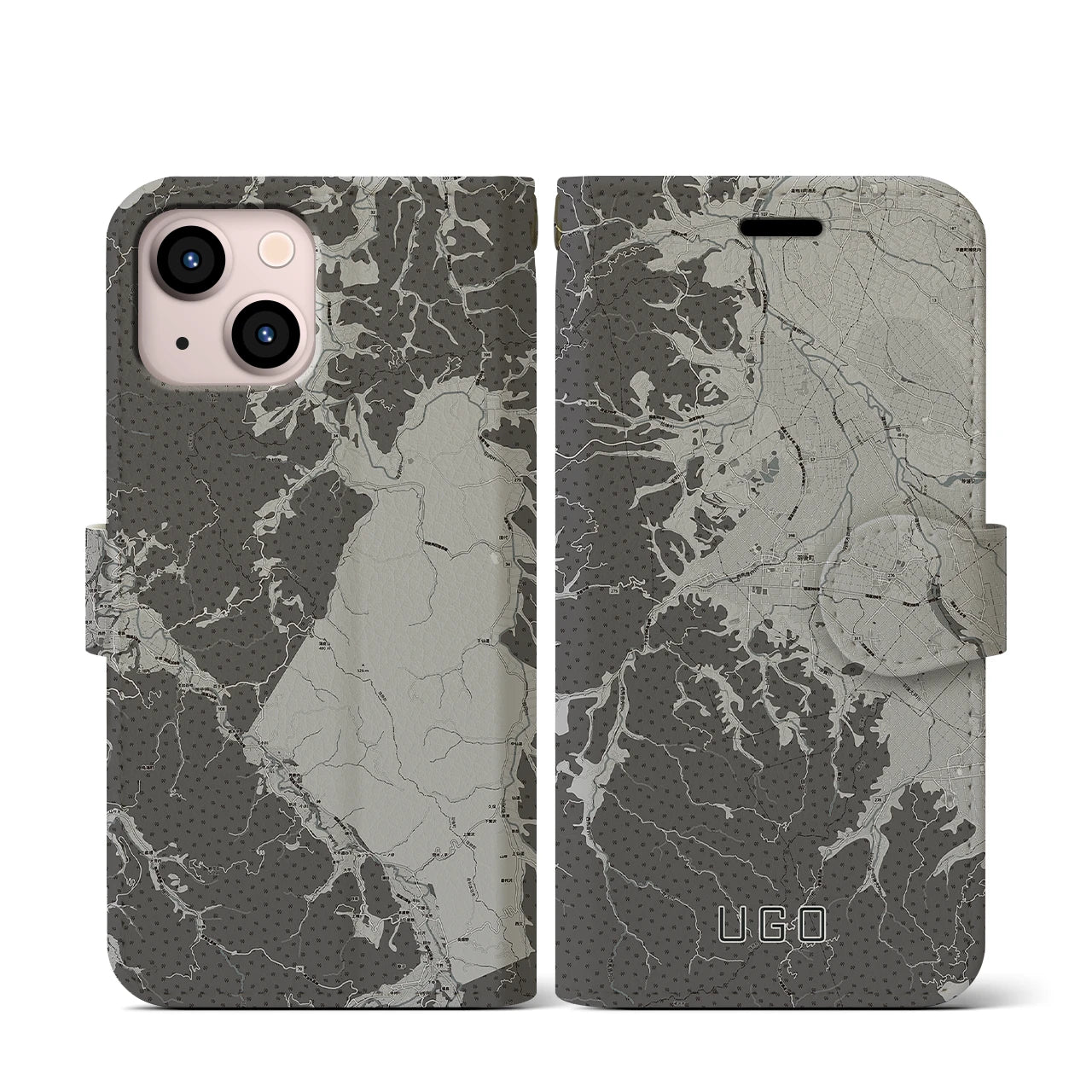 【羽後(秋田県)】地図柄iPhoneケース(手帳タイプ)モノトーン・iPhone 13 mini 用