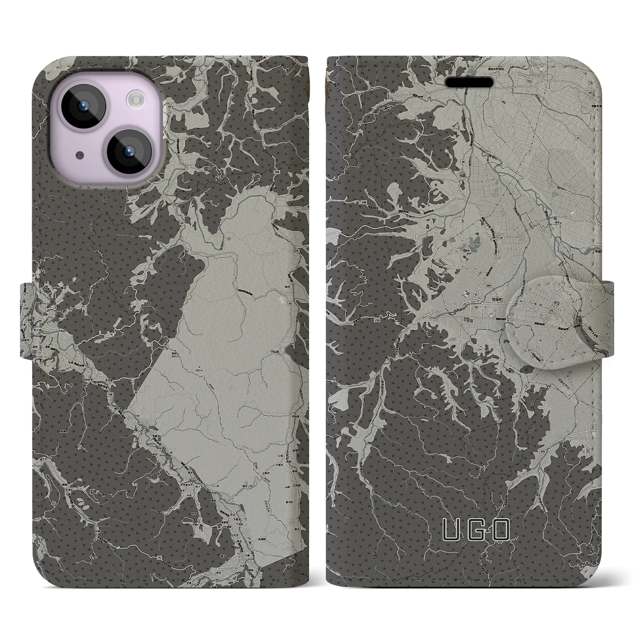 【羽後(秋田県)】地図柄iPhoneケース(手帳タイプ)モノトーン・iPhone 14 用