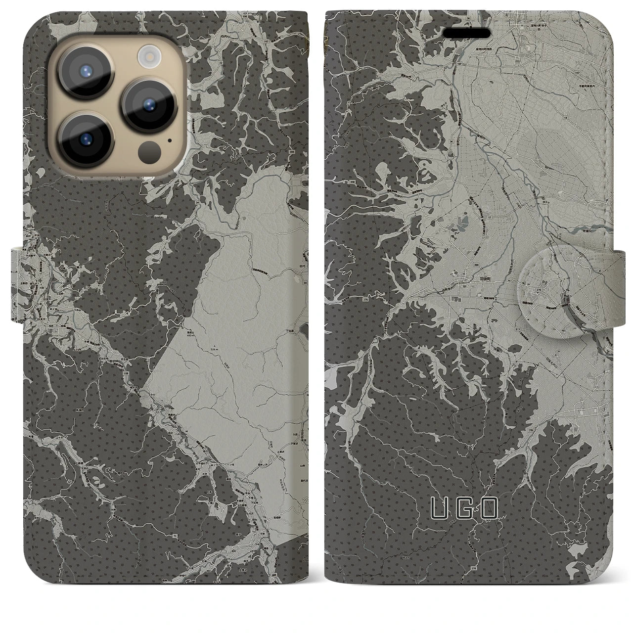【羽後(秋田県)】地図柄iPhoneケース(手帳タイプ)モノトーン・iPhone 14 Pro Max 用