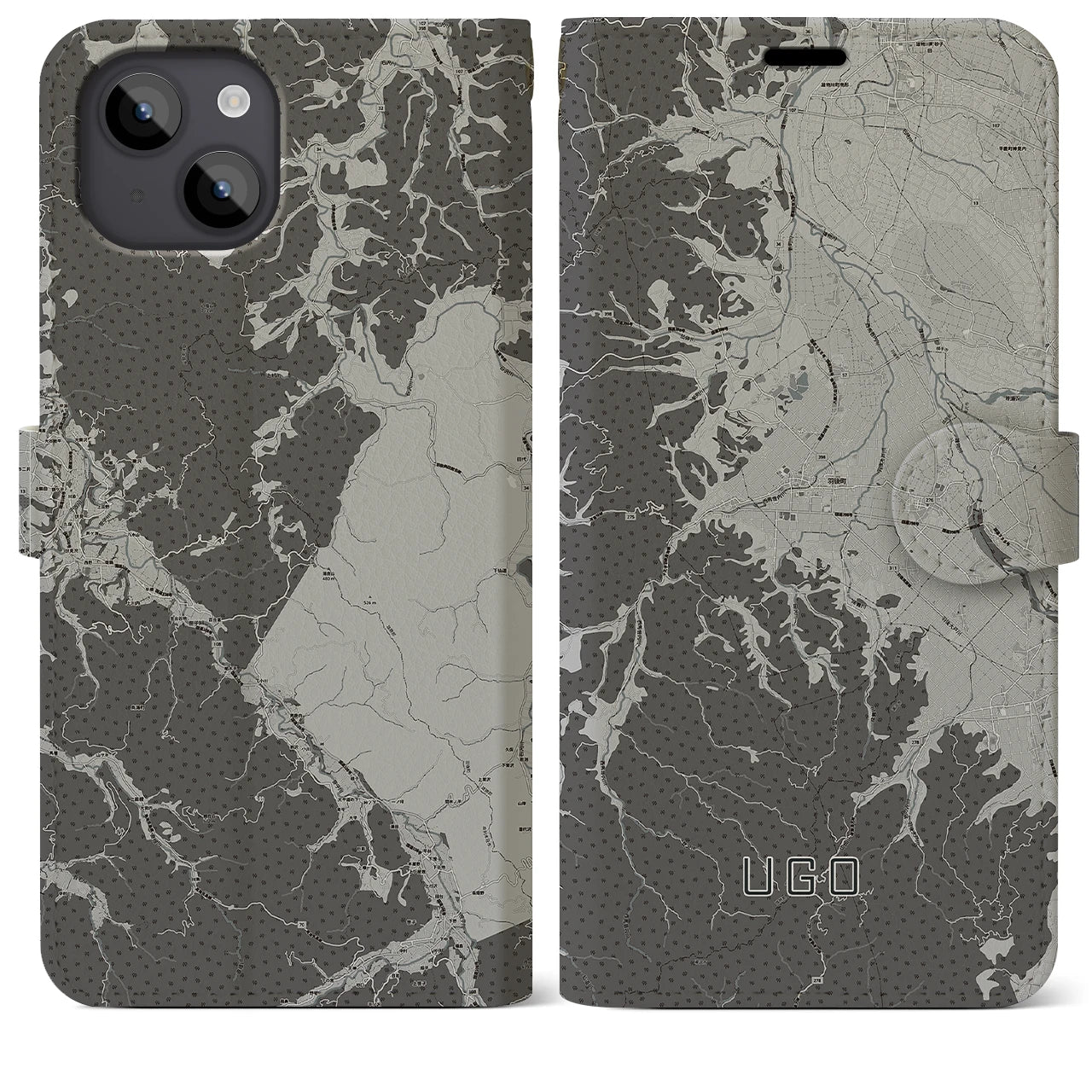 【羽後(秋田県)】地図柄iPhoneケース(手帳タイプ)モノトーン・iPhone 14 Plus 用