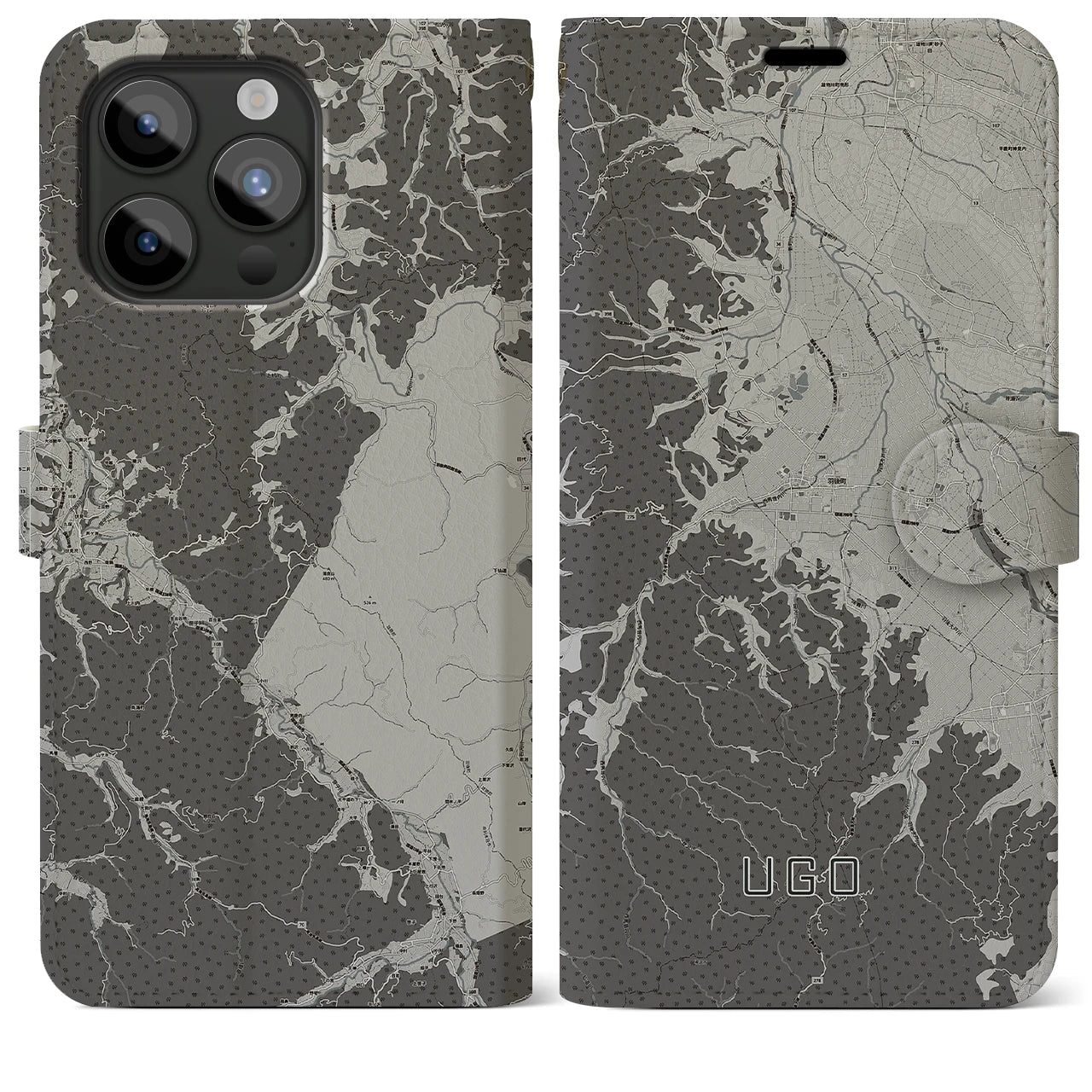 【羽後(秋田県)】地図柄iPhoneケース(手帳タイプ)モノトーン・iPhone 15 Pro Max 用