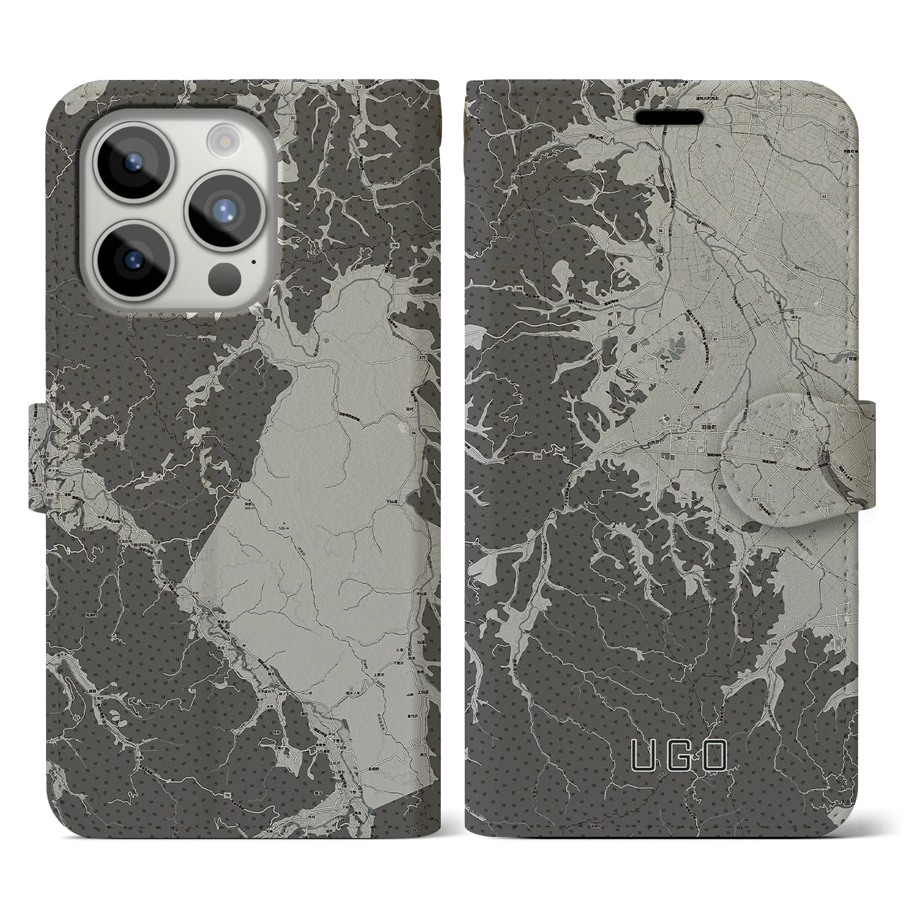 【羽後(秋田県)】地図柄iPhoneケース(手帳タイプ)モノトーン・iPhone 15 Pro 用