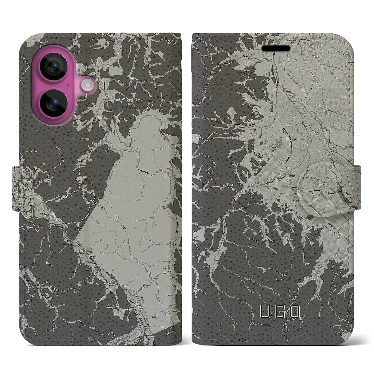 【羽後(秋田県)】地図柄iPhoneケース(手帳タイプ)モノトーン・iPhone 16 Pro 用