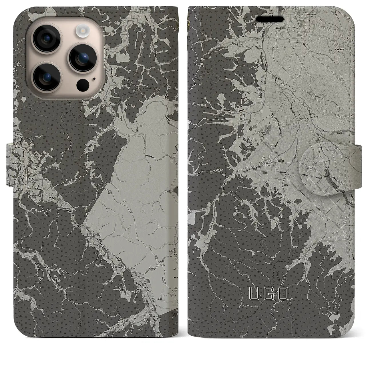 【羽後(秋田県)】地図柄iPhoneケース(手帳タイプ)モノトーン・iPhone 16 Plus 用