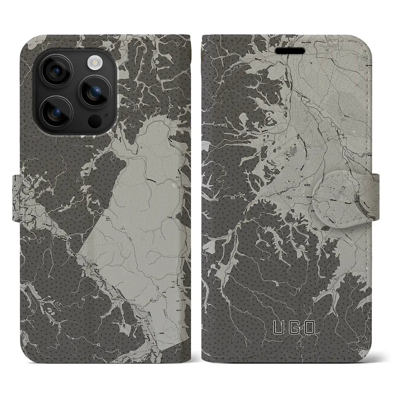 【羽後(秋田県)】地図柄iPhoneケース(手帳タイプ)モノトーン・iPhone 16 用