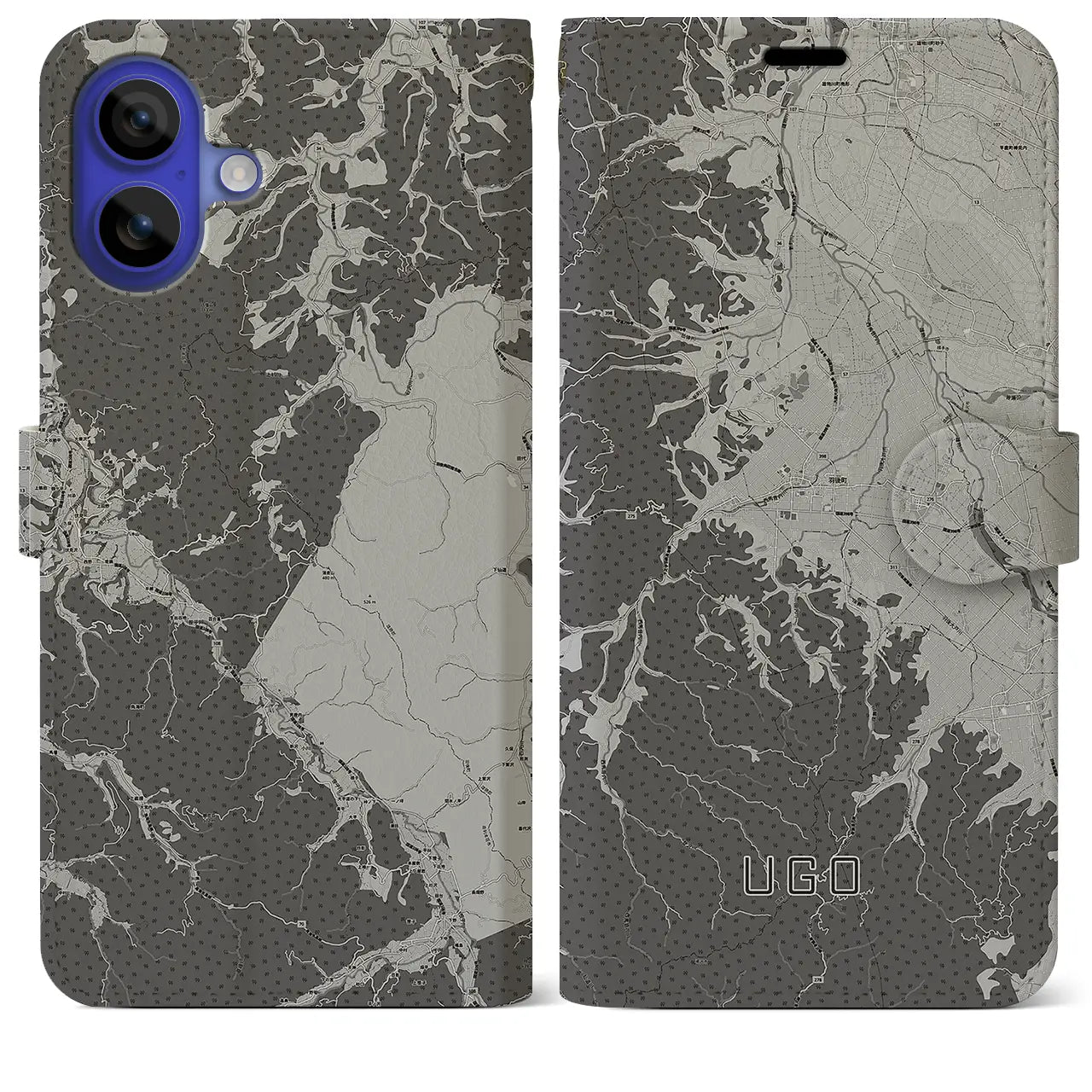 【羽後(秋田県)】地図柄iPhoneケース(手帳タイプ)モノトーン・iPhone 16 Pro Max 用