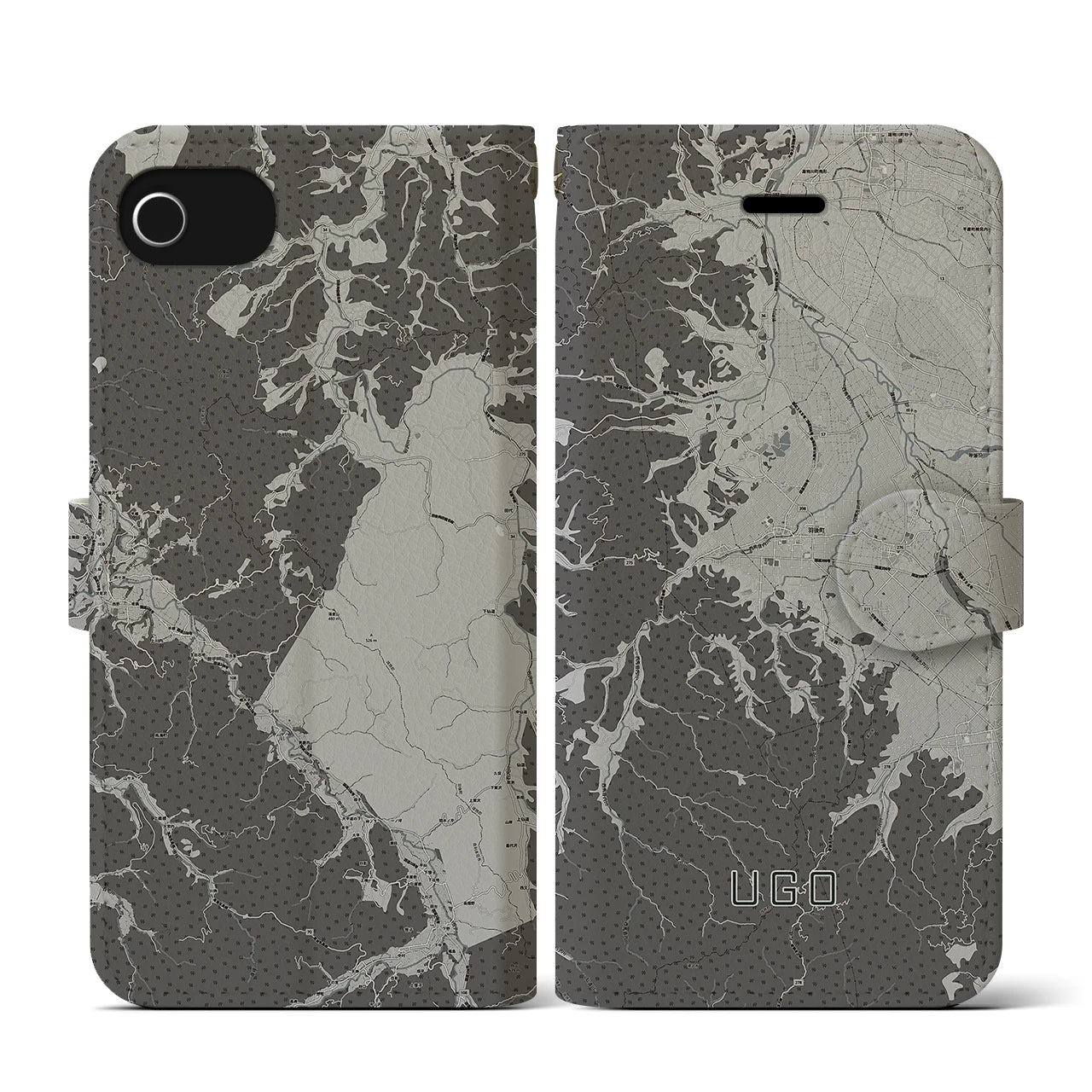 【羽後(秋田県)】地図柄iPhoneケース(手帳タイプ)モノトーン・iPhone SE(第3 / 第2世代) / 8 / 7 / 6s / 6 用