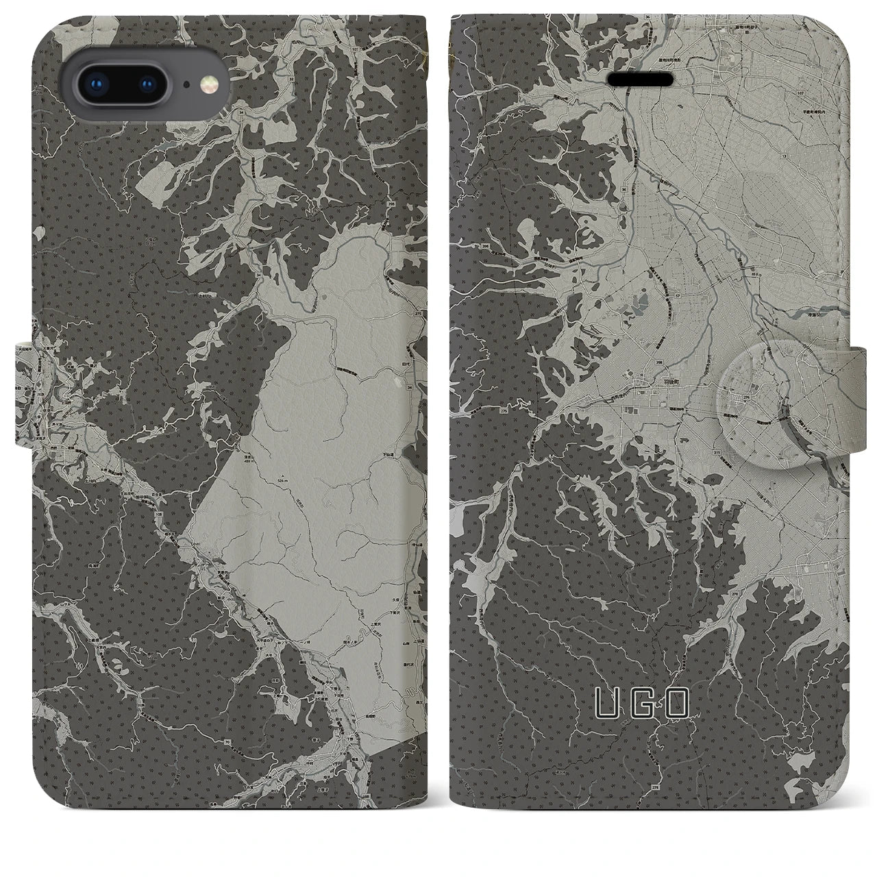 【羽後(秋田県)】地図柄iPhoneケース(手帳タイプ)モノトーン・iPhone 8Plus /7Plus / 6sPlus / 6Plus 用