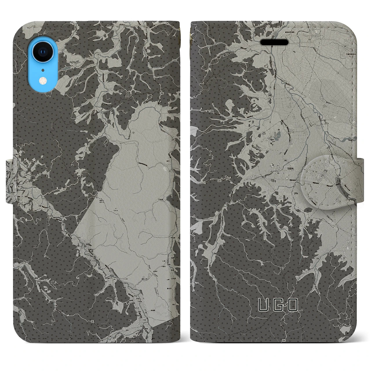 【羽後(秋田県)】地図柄iPhoneケース(手帳タイプ)モノトーン・iPhone XR 用