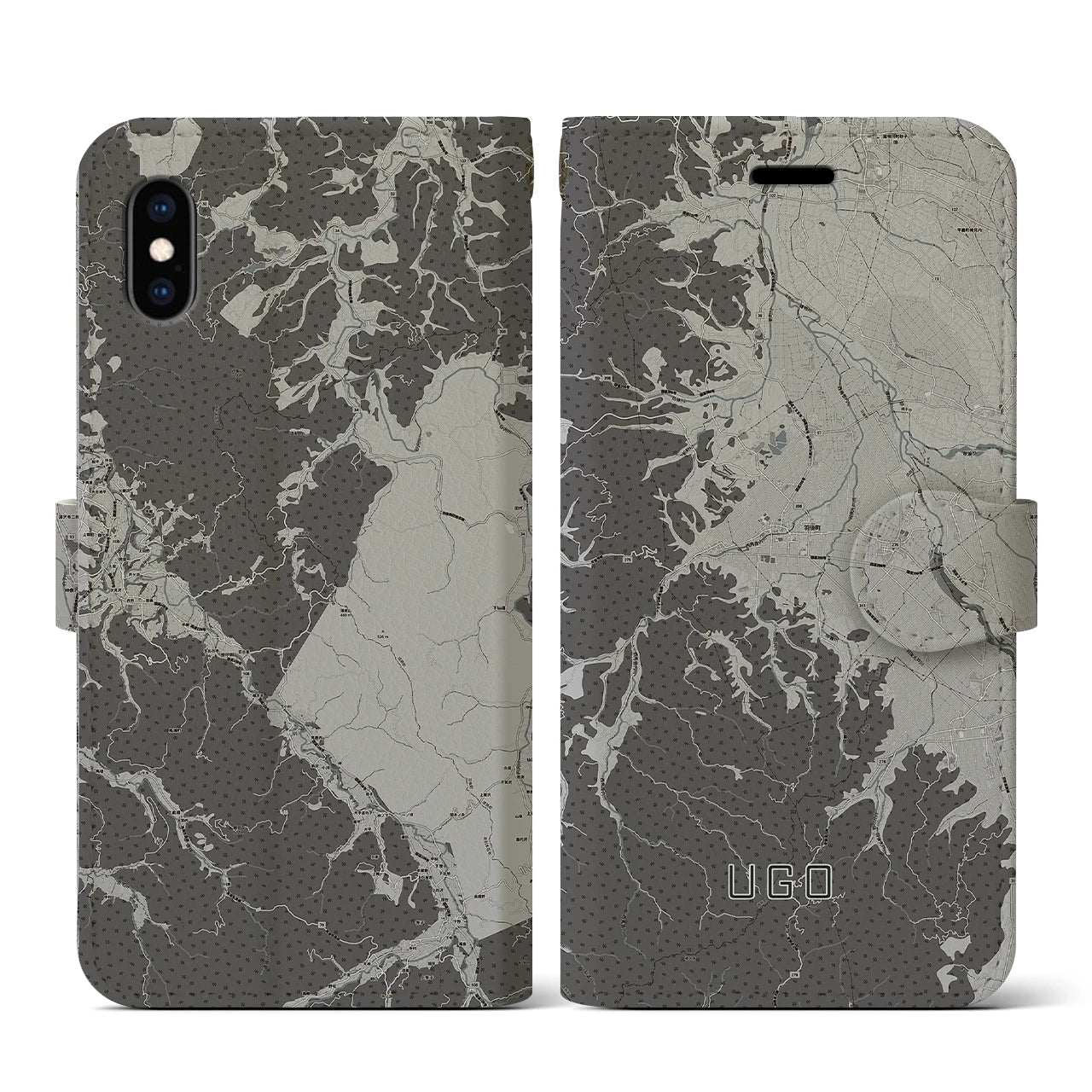 【羽後(秋田県)】地図柄iPhoneケース(手帳タイプ)モノトーン・iPhone XS / X 用