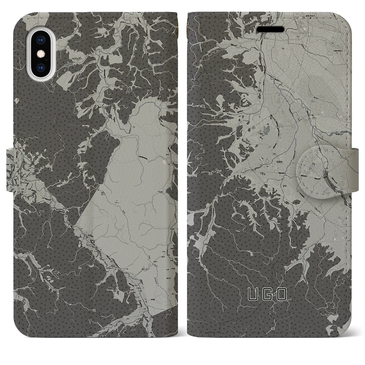 【羽後(秋田県)】地図柄iPhoneケース(手帳タイプ)モノトーン・iPhone XS Max 用