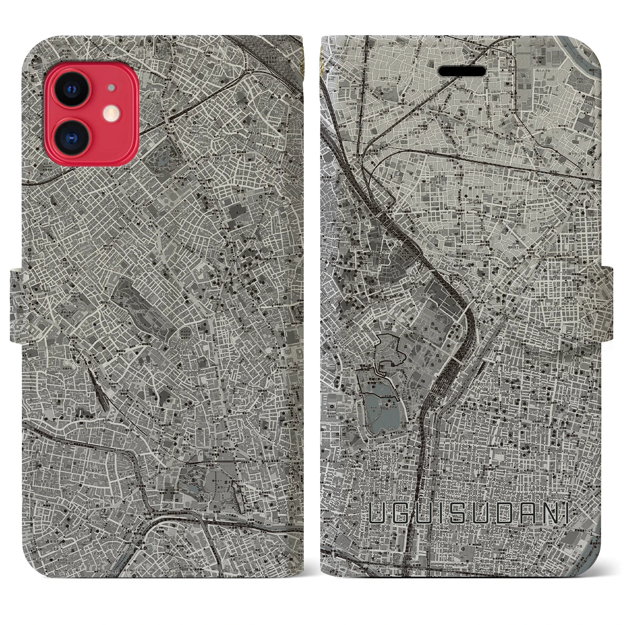 【鶯谷(東京都)】地図柄iPhoneケース(手帳タイプ)モノトーン・iPhone 11 用