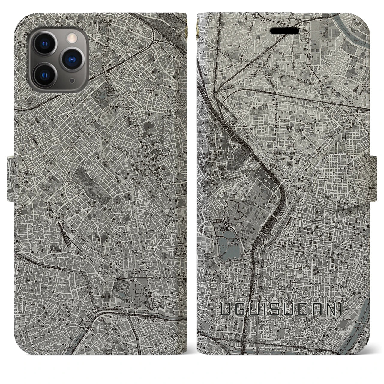 【鶯谷(東京都)】地図柄iPhoneケース(手帳タイプ)モノトーン・iPhone 11 Pro Max 用