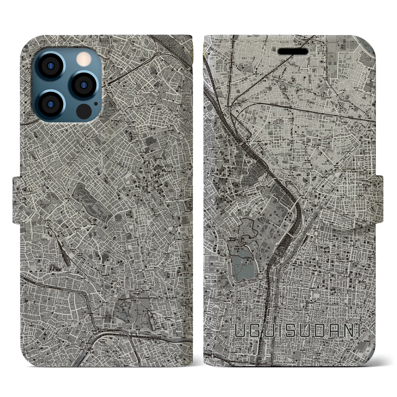【鶯谷(東京都)】地図柄iPhoneケース(手帳タイプ)モノトーン・iPhone 12 / 12 Pro 用