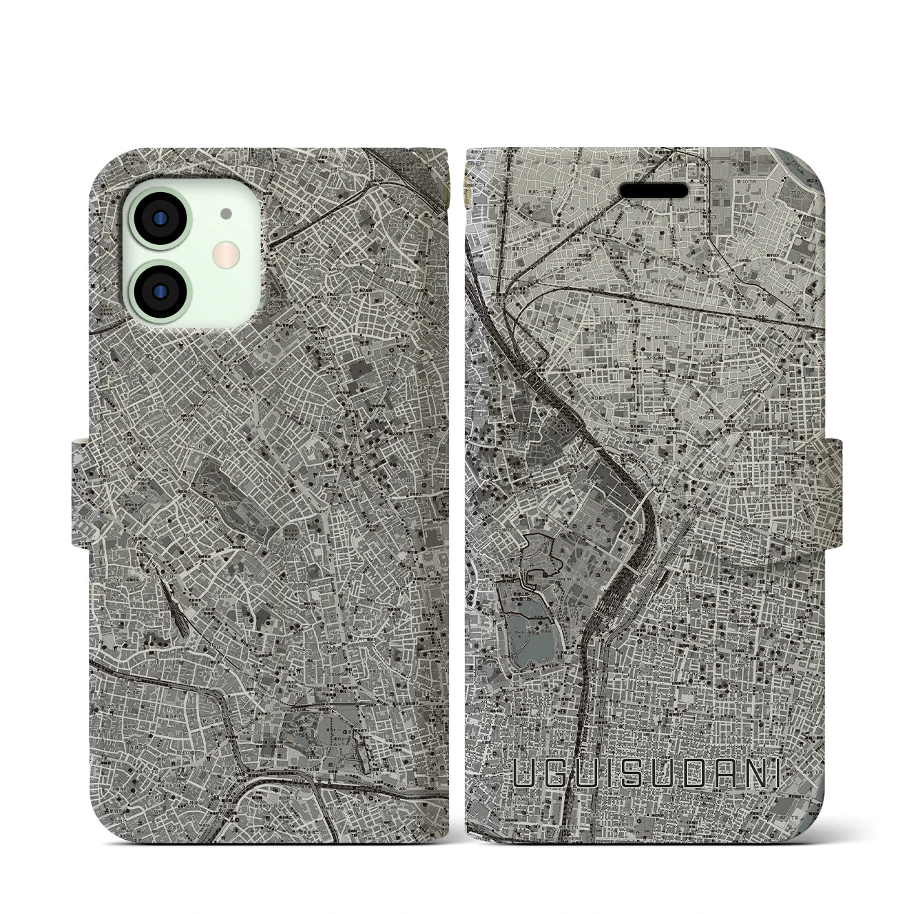 【鶯谷(東京都)】地図柄iPhoneケース(手帳タイプ)モノトーン・iPhone 12 mini 用