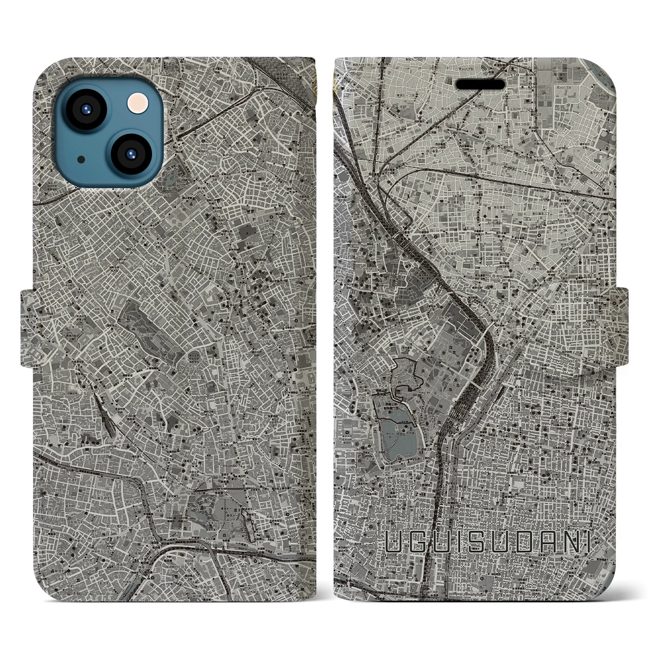 【鶯谷(東京都)】地図柄iPhoneケース(手帳タイプ)モノトーン・iPhone 13 用