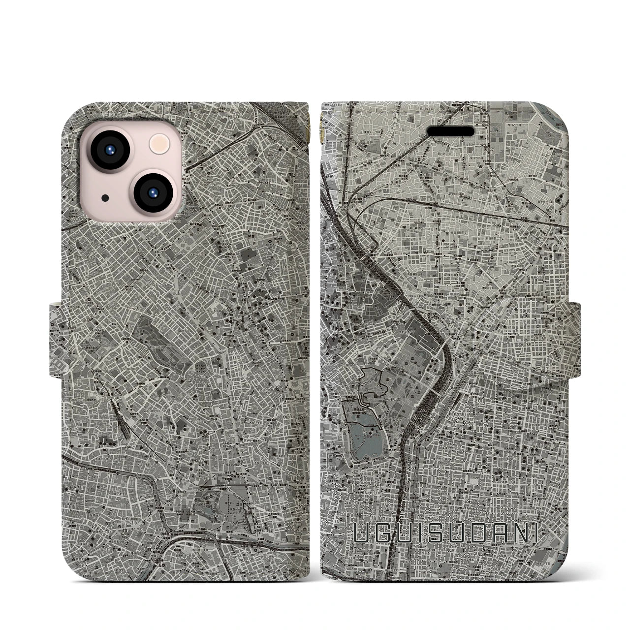 【鶯谷(東京都)】地図柄iPhoneケース(手帳タイプ)モノトーン・iPhone 13 mini 用