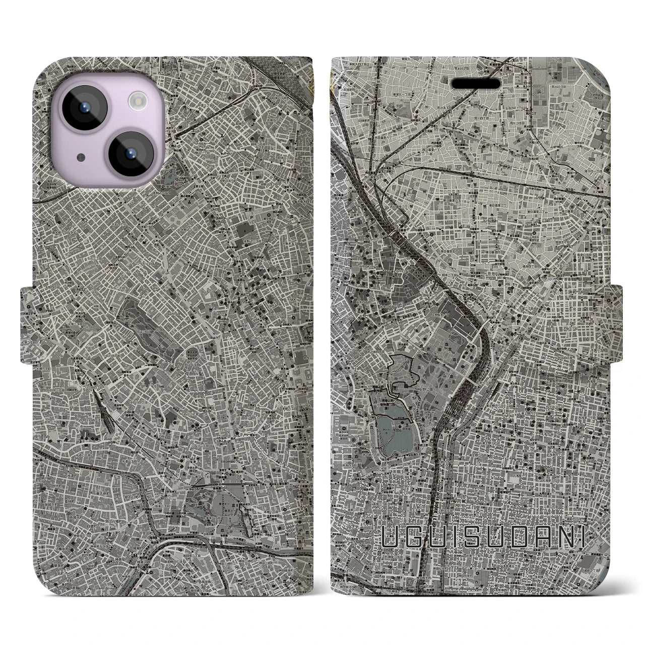 【鶯谷(東京都)】地図柄iPhoneケース(手帳タイプ)モノトーン・iPhone 14 用