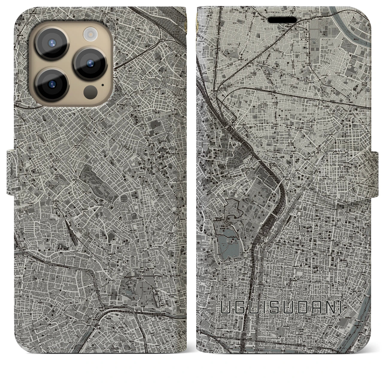 【鶯谷(東京都)】地図柄iPhoneケース(手帳タイプ)モノトーン・iPhone 14 Pro Max 用