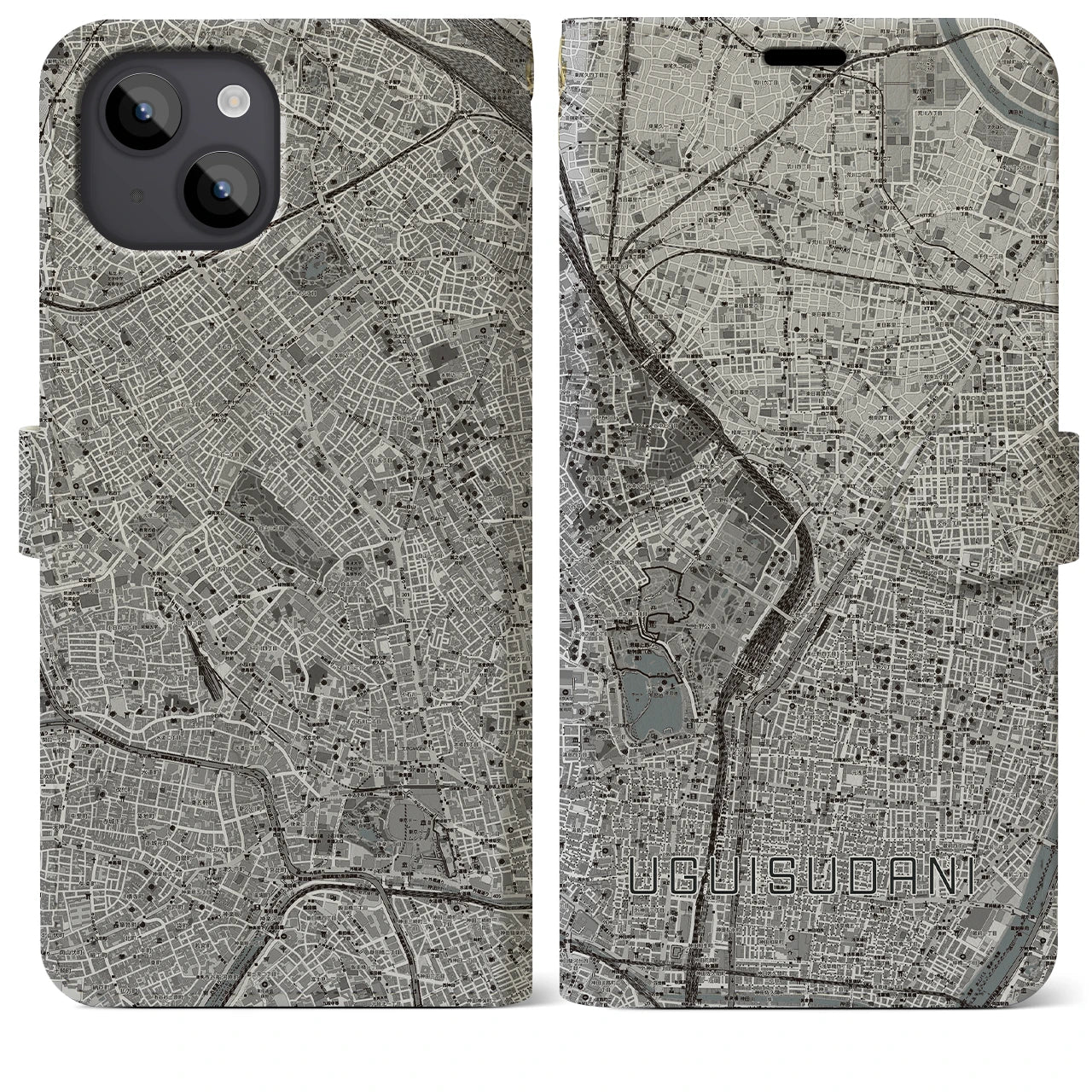 【鶯谷(東京都)】地図柄iPhoneケース(手帳タイプ)モノトーン・iPhone 14 Plus 用