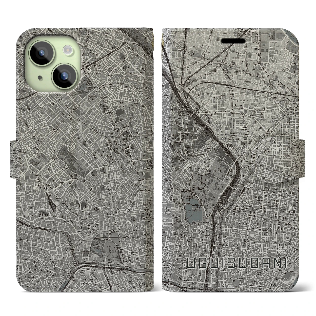 【鶯谷(東京都)】地図柄iPhoneケース(手帳タイプ)モノトーン・iPhone 15 用