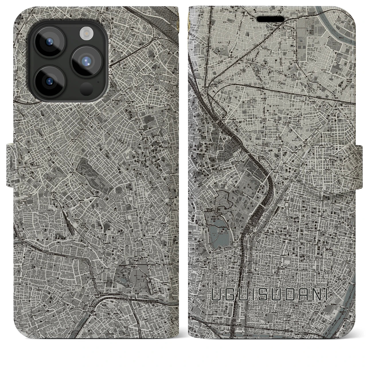 【鶯谷(東京都)】地図柄iPhoneケース(手帳タイプ)モノトーン・iPhone 15 Pro Max 用