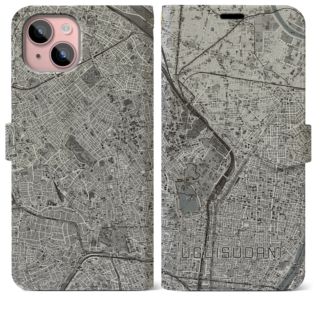 【鶯谷(東京都)】地図柄iPhoneケース(手帳タイプ)モノトーン・iPhone 15 Plus 用