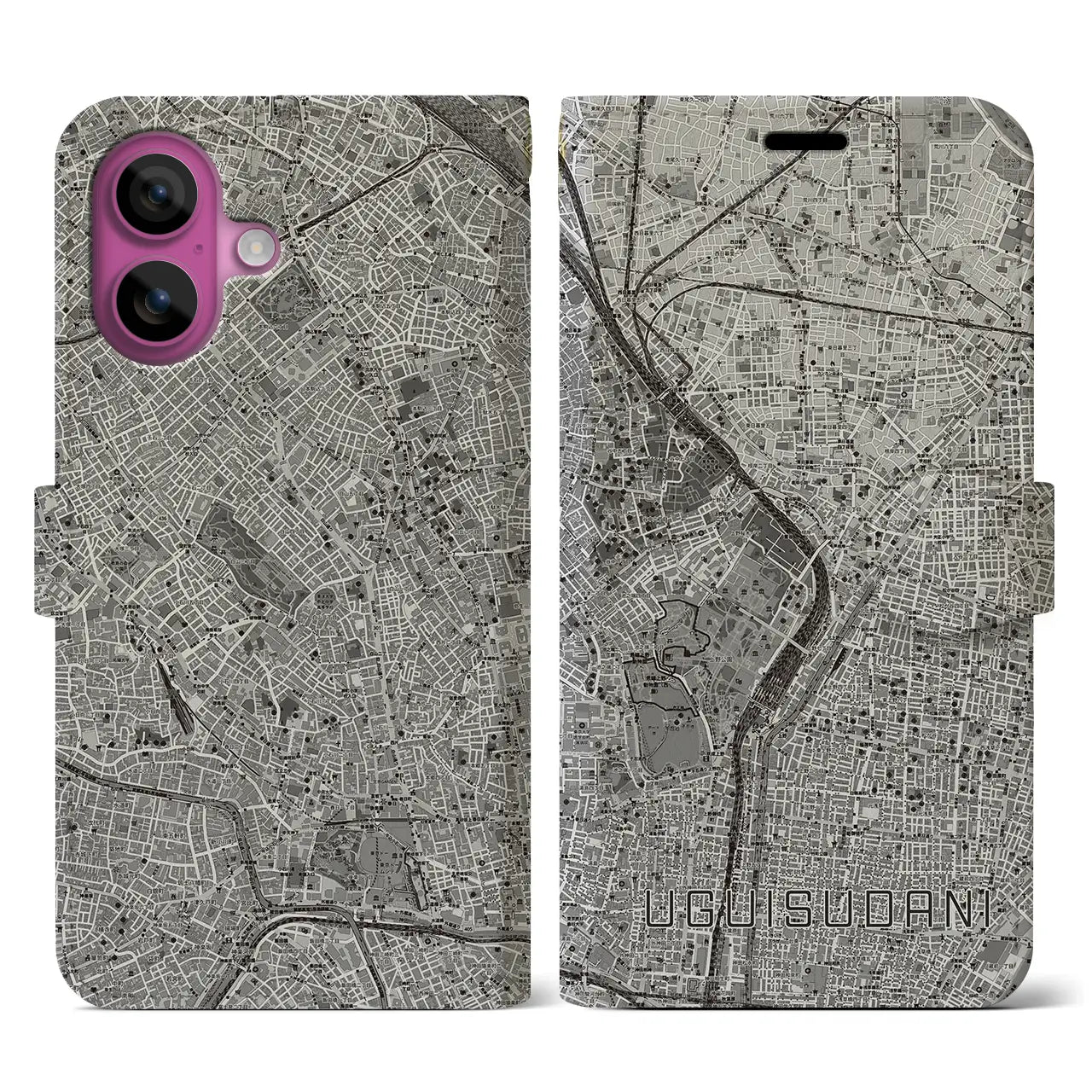 【鶯谷(東京都)】地図柄iPhoneケース(手帳タイプ)モノトーン・iPhone 16 Pro 用
