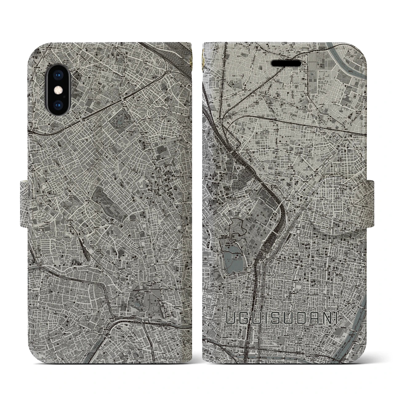 【鶯谷(東京都)】地図柄iPhoneケース(手帳タイプ)モノトーン・iPhone XS / X 用