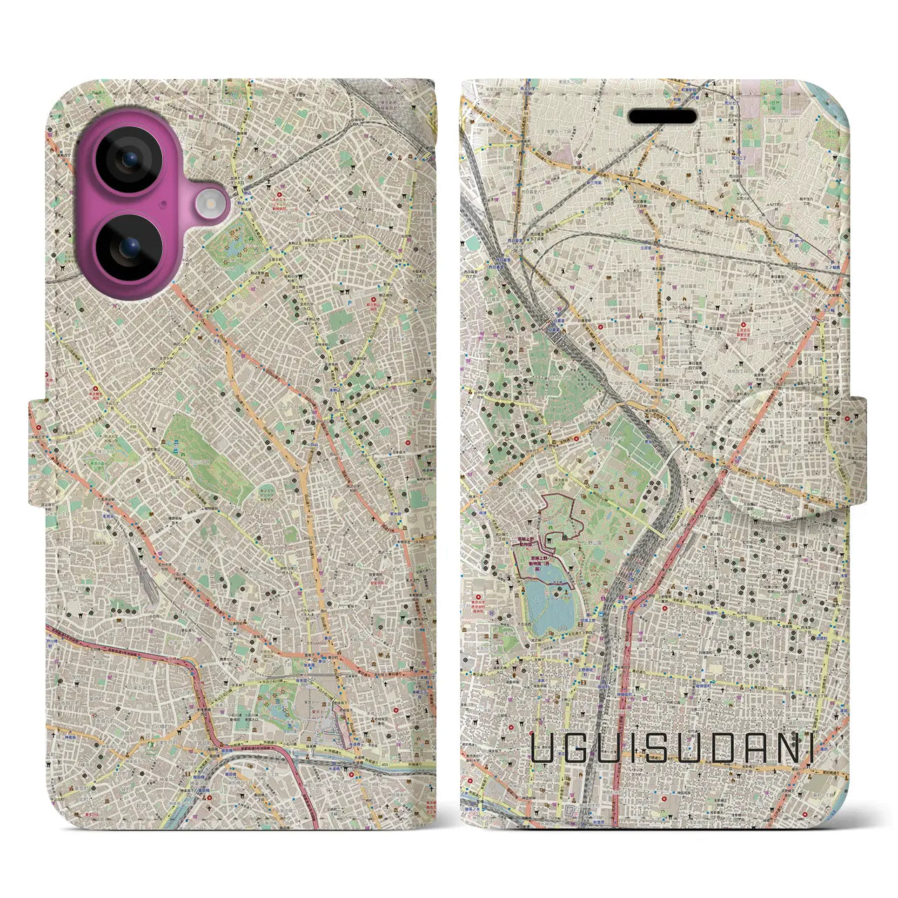 【鶯谷(東京都)】地図柄iPhoneケース(手帳タイプ)ナチュラル・iPhone 16 Pro 用