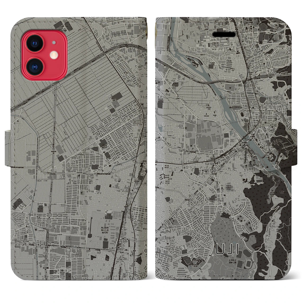 【宇治(京都府)】地図柄iPhoneケース(手帳タイプ)モノトーン・iPhone 11 用