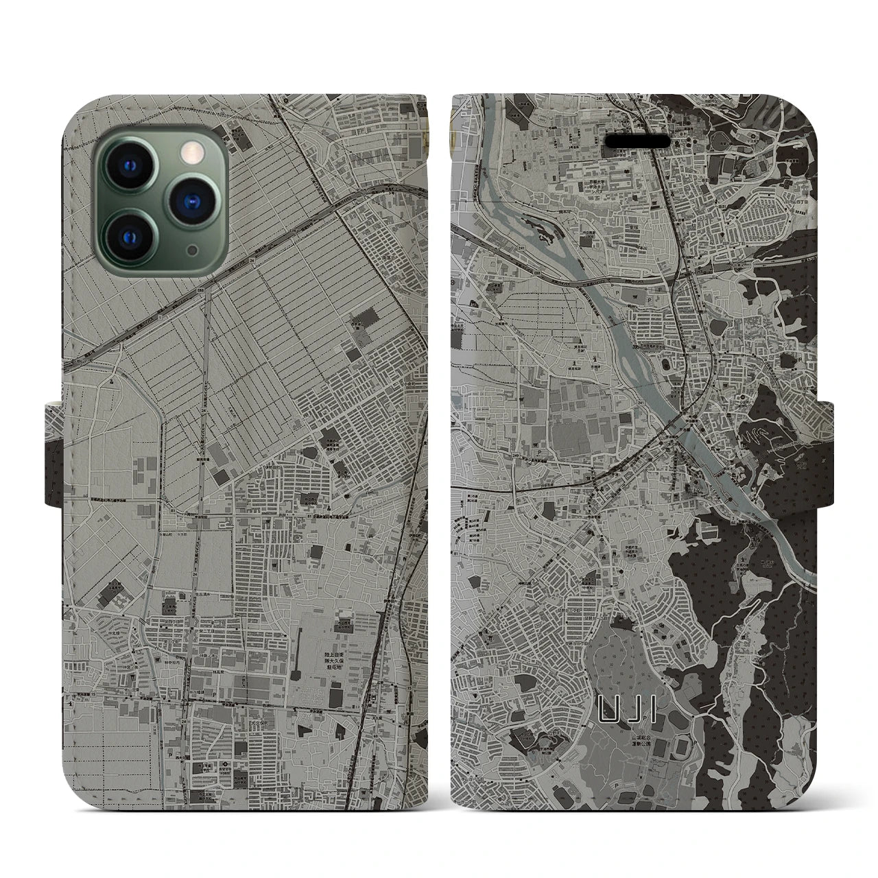 【宇治(京都府)】地図柄iPhoneケース(手帳タイプ)モノトーン・iPhone 11 Pro 用