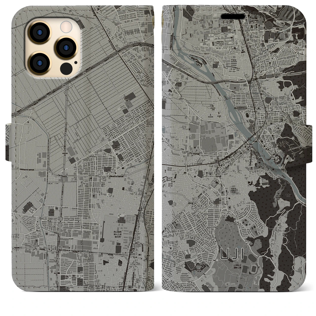 【宇治(京都府)】地図柄iPhoneケース(手帳タイプ)モノトーン・iPhone 12 Pro Max 用