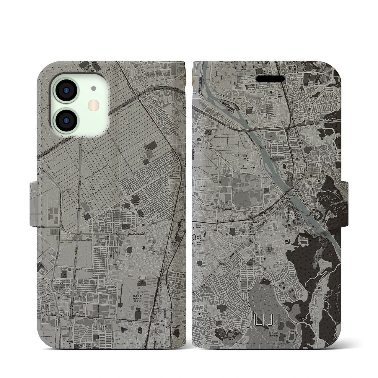 【宇治(京都府)】地図柄iPhoneケース(手帳タイプ)モノトーン・iPhone 12 mini 用