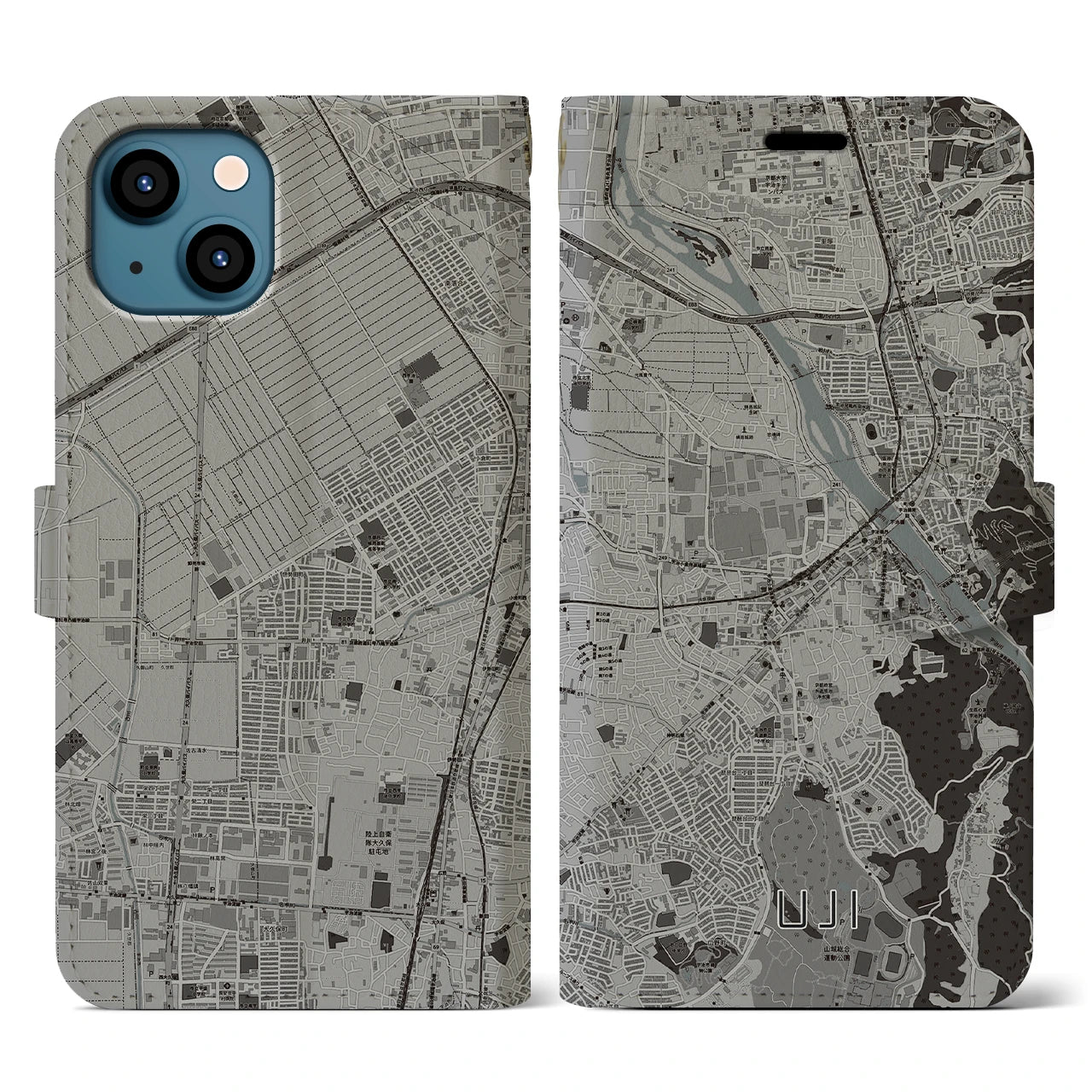 【宇治(京都府)】地図柄iPhoneケース(手帳タイプ)モノトーン・iPhone 13 用