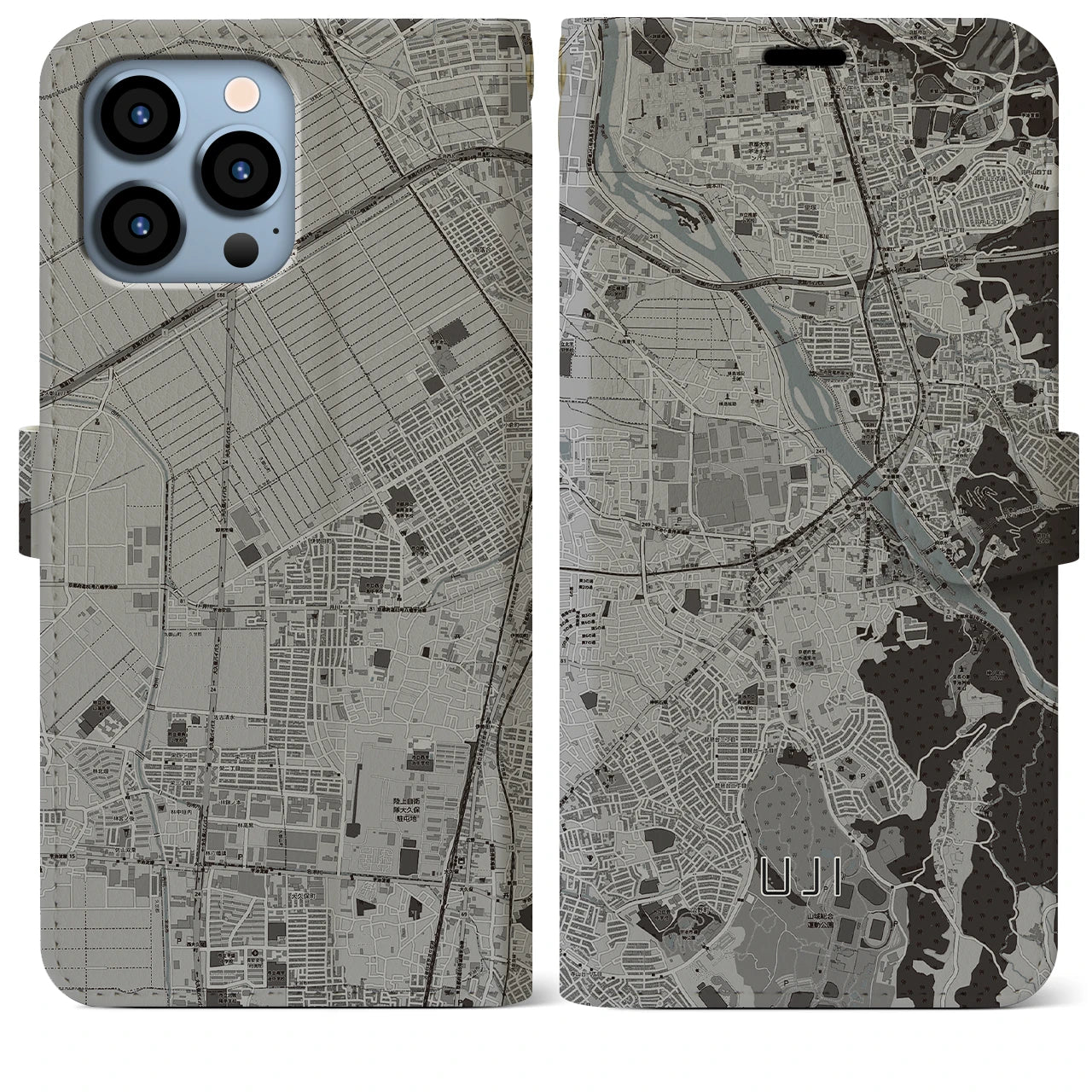 【宇治(京都府)】地図柄iPhoneケース(手帳タイプ)モノトーン・iPhone 13 Pro Max 用